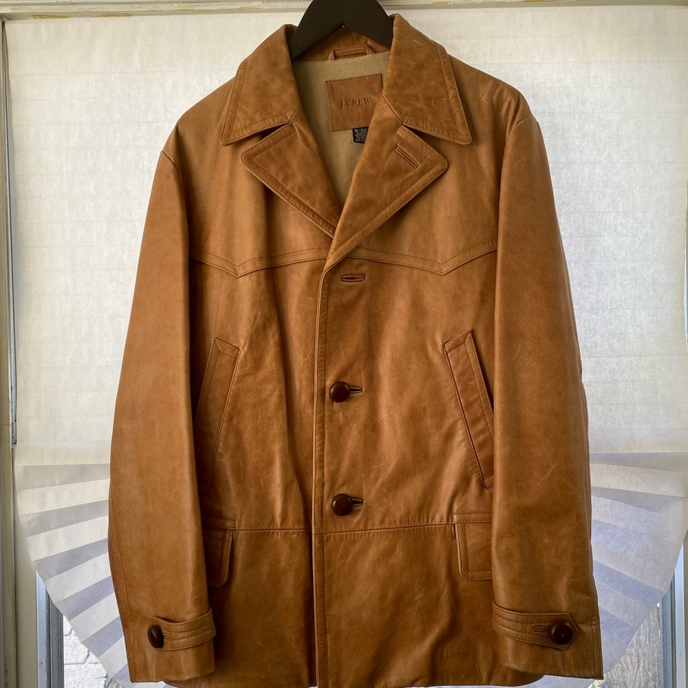 J Crew tan leather pea coat